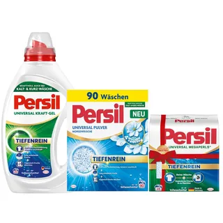 PERSIL Universal Pulver Morgenfrische 90 WL 4,95 kg + Megaperls Universal 16 WL 1,04 kg + Gel Universal 20 WL 900 ml – Waschmittel Trio für frische & saubere Wäsche