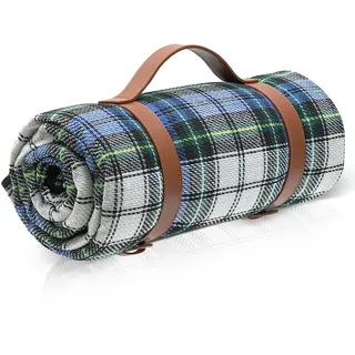 TRIXES XL-Tartan-Picknickdecke – mit hellbraunem Tragegriff – wasserdichte Rückseite – 150 cm x 200 cm – ideal für den Strand, Parks und Festivals.