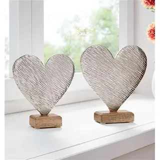 Dekoobjekt "Herz" aus Aluminium, silber mit Antik Finish, Sockel aus Mango Holz, Herzdeko, Hochzeitsdeko, Dekoherz - Silber