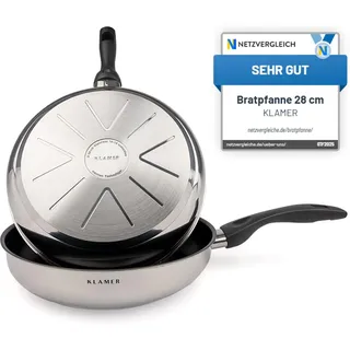 KLAMER Bratpfanne 28cm Induktion – Profi Edelstahlpfanne mit Greblon® C3+ Antihaftbeschichtung, PFOA-frei & backofenfest, für fettarmes Braten ohne Anhaften