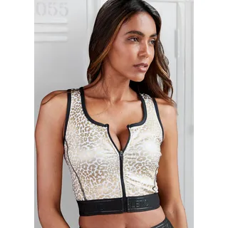 LASCANA ACTIVE Crop-Top Sporttop mit glänzendem Animalprint und 3D-Schriftzug auf dem Bund, gold, weiß