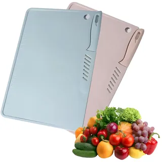 2 Stück Schneidebrett mit Messer, 29 x 20 cm Schneidebrett Klein, Kunststoff Cutting Board für Küche, 2 in 1 Schneidebretter mit Aufhängeloch für Gemüse, Obst, Fleisch, Rosa und Blau