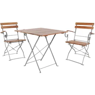 3er Biergarten Set Klapptisch + 2 Klappstühle+Armlehnen klappbar Akazie 70x70cm - Grau, Braun