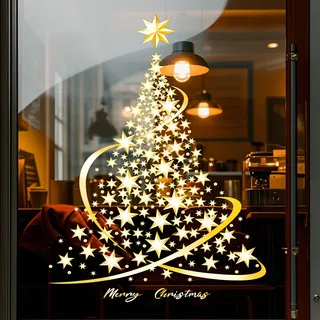 Fensterbilder Weihnachten Gold XXL, Weihnachtsbaum Fensteraufkleber, Schaufenster Deko Weihnachten, Selbstklebend, Fensterbilder Weihnachten Wiederverwendbar