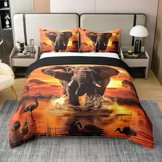 100% Baumwolle Elefant Bettwäsche Set,Sonnenuntergang Landschaft Bettwäsche,Afrikanische Wildlife Bettbezug 135x200,1 Kissenbezug,Adler Tröster Abdeckung,Tier Thema Bettbezug für Zimmer Dekor,Orange