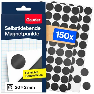 GAUDER Magnetpunkte selbstklebend stark - Runde Selbstklebende Magnete - Magnetplättchen selbstklebend rund für leichte Gegenstände - Magnete zum Kleben - Magnet Klebepads (150 Stück - 20 x 2 mm)