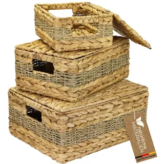 HMF Aufbewahrungskorb mit Deckel, 3er-Set, Korb geflochten aus Wasserhyazinthe und Seegras | Klein, Mittel, Groß