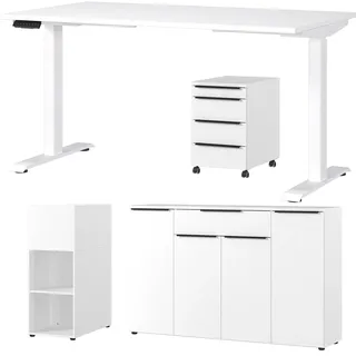 Büromöbel-Set GERMANIA "Mailand", weiß, Schreibtisch Breite 140cm Holzwerkstoff Metall, Holzwerkstoff, Metall, Arbeitsmöbel-Sets, Büromöbel-Set, inkl. Schreibtisch, Rollcontainer, Raumteiler und Sideboard
