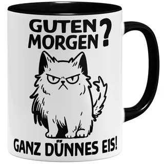 OM3® lustige Kaffee-Tasse mit Spruch - Morgenmuffel Katze - Guten Morgen - Statement - Keramik Becher - 11oz 325ml - Beidseitig Bedruckt - Schwarz