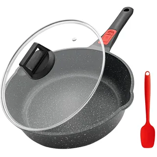 Bobikuke Pfanne 24 cm mit Deckel, Bratpfanne Beschichtet Antihaft 7 cm Innenhöhe Pfanne mit Abnehmbarer Griff, Geeignet für alle Herdarten