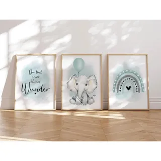 MeinBaby123® Bilder Kinderzimmer | 3er Set DIN A4 Poster Set | Wandbilder | Kinderzimmer Poster | Deko Bilder Kinderzimmer Mädchen und Jungen | Wandposter Premium (Elefant & Luftballon mint)