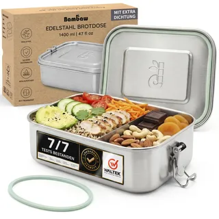 Bambaw Edelstahl Brotdose 1400ml, Lunchbox Erwachsene mit Fächern, Bento Box Groß, Brotzeitbox Plastikfrei, Auslaufsicher, Spülmaschinenfest, Jausenbox Erwachsene, Lunchbox Metall, Brotdose Edelstahl