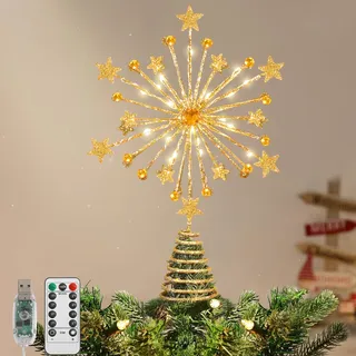 Lewondr Christbaumspitze, 13'' Funkelnde Sternenbaumspitze mit 20 LED-Birnen, USB-beleuchtete Baumsternspitze für Weihnachtsschmuck, Fernbedienung, 6H Timer, 8 Lichtmodi, Gold