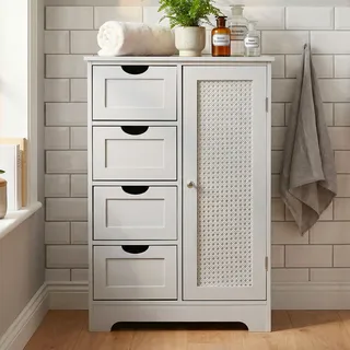 FineBuy Badschrank 55x80 cm Wiener Geflecht, Badezimmerschrank Tür & 4 Schubladen, Badregal aus lackiertem MDF, Badezimmerregal modern Bad Badezimmer - Weiß