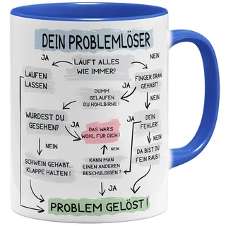 OM3® lustige Problemlöser Kaffee-Tasse mit Spruch - Problemlösung auf der Arbeit - Flowchart Diagramm - Keramik Becher - 11oz 325ml - Beidseitig Bedruckt - Blau