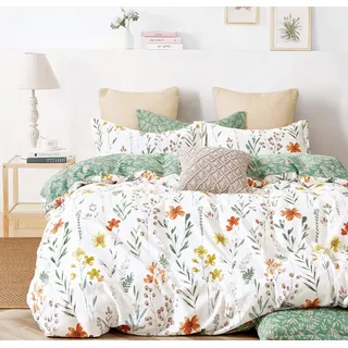SLEEPBELLA Bettwäsche-Set für Queen-Size-Betten, Fadenzahl 600, Baumwolle, 3-teilig, gelbe Blumen und grüne Zweige, gedruckt auf weißem, wendbarem Bettdeckenbezug