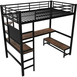 okwish Hochbett 90x200cm mit Schreibtisch und LED Leiste Schwarz ohne Matratze