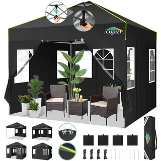 COBIZI Pavillon 3x3 Faltpavillon wasserdicht Winterfest, EIN-Tasten-Zentralverriegelung Partyzelt Faltbar Anti-UV mit Fluoreszierenden Streifen, 4 Seitenwänden, 3 Höhenverstellbar,Gartenzelt, Freien