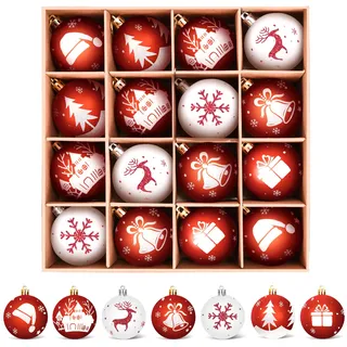 WEARXI Weihnachtskugeln - 16pc 6cm Christbaumkugeln Kunststoff Rot Weiß, Weihnachtskugeln Kunststoff, Weihnachtsdeko mit Aufhänger, Weihnachtsbaumkugeln für Klassische Weihnachtsbaumschmuck Rot Weiß
