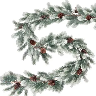 ROLLWAY Künstliche Tannengirlande Künstlich wie Echt 1.9M, Kunst Tannengirlande Spritzguss mit Schnee, Kunsttanne Girlande Weihnachten Tanne Weihnachtsgirlande Spritzguss Kunstgirlanden Tanne Weiß