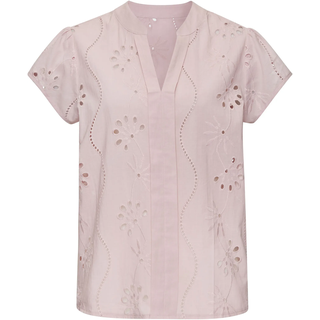 Spitzenbluse BUFFALO, Damen, Gr. 46, lila (mauve), Web, Obermaterial: 100% Baumwolle, unifarben, figurumspielend hüftlang, V-Ausschnitt, Blusen Spitzenbluse, mit kurzen Ärmeln, modische Lochstickerei, Topseller