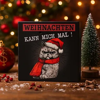 MIJOMA Soundbox XMAS CAT mit Bewegungsmelder – Lustige Weihnachtsdeko mit Spruch „Weihnachten kann mich mal“, 12x12cm – Weihnachts-Geschenkidee mit Sound-Effekt (Xmas Katze)