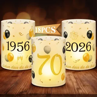 Anruzon 18Pcs Windlichter Tischdeko 70. Geburtstag - Deko 70. Geburtstag Männer und Frauen - Schwarz Gold Happy Birthday Tischdeko für Teelichter oder Kerzen