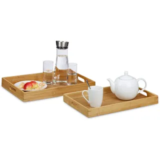 Relaxdays Serviertablett Bambus 2er-Set, erhöhter Rand, Grifflöcher, 45 x 42 cm breit, natur