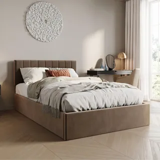 Polsterbett 140x200 cm mit Stauraum und Lattenrost Doppelbett mit hydraulischem Bettkasten Gepolstertes Bett Bed Stauraumbett Stabiler Bettrahmen | 140x200 cm Bronze-Beige - Bronze