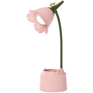 QIANGUANG Niedliche LED-Schreibtischlampe, Kawaii-Schreibtischzubehör, Blume, Vogel-Tischlampe, USB wiederaufladbar, 3 Farbmodi, stufenloses Dimmen, berührungsempfindlicher Schalter (Rosa)