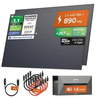Solarway® 890Wp / 800W Balkonkraftwerk mit 1,6 kWh Speicher komplett Steckdose - 1,6 kWh Anker SOLIX 2 PRO Speicher