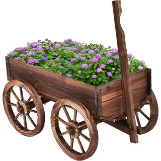 Costway Blumenwagen Holz, Pflanzwagen 4 Rädern Braun , 43x54x120 cm , Gartenzubehör, Hochbeete