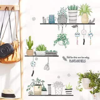 WandSticker4U®- Wandsticker PFLANZEN REGAL grün XXL (106x89 cm) I Wandtattoo Pflanzen groß hängende Blumentopf Blätter Natur I Wanddeko Küche Wohnzimmer Schlafzimmer Badezimmer Flur Möbel Aufkleber