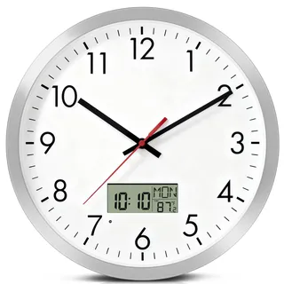 Koosome 30cm Wanduhr Digital Analog mit LCD-Display – Geräuschlose Uhr mit Temperaturanzeige, Lichtsensor, Datum & Uhrzeit-Wechsel für Küche, Wohnzimmer & Büro (Silber)