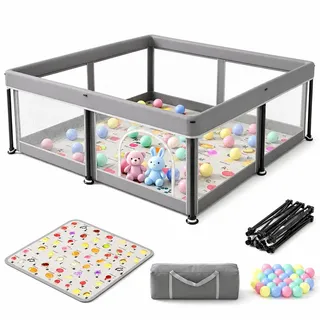 Laufstall Baby Faltbar mit Matte (127x127 cm) – Großes Laufgitter für Babys & Kleinkinder | Zusammenklappbarer Sicherheitszaun inkl. Spielmatte & Bällen | Indoor & Outdoor