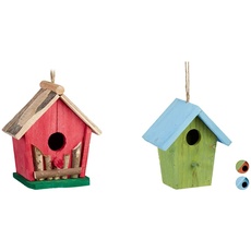 Relaxdays Mini Vogelhaus, zum Aufhängen, für Balkon & Garten, Holz, HBT 18 x 17 x 11 cm, rot/grün & Deko Vogelhaus bunt, aus Holz, Kleines Vogelhäuschen, HBT: ca. 16 x 15 x 8 cm, grün
