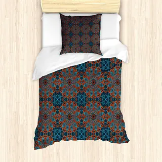 ABAKUHAUS Mandala Bettbezug Set, Aufwändige Spitze-chinesische Muster-Kreis-Wirbel und Punkte blühen Illustration, 135 x 200 cm + 80 x 80 cm, Blau Vermilion Schwarz