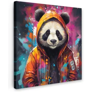 MuchoWow Leinwandbild Panda - Jacke - Graffiti - Orange 90x90 cm , Textil , Quadratisch , 90x90 cm , FSC 100% , gerahmt , Bilder & Rahmen, Bilder, Leinwandbilder