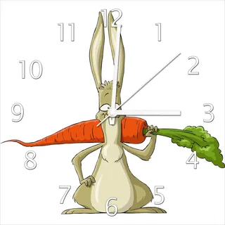 Wallario Design Wanduhr Lustiger Hase mit Möhre im Comic Stil aus Echtglas, Größe 30 x 30 cm - Weiß