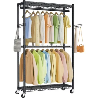 SONGMICS Kleiderständer auf Rollen, Regal mit Kleiderstange aus Stahl, Verstellbarer Garderobenständer, Offener Kleiderschrank für Schlafzimmer, 90 x 40 x 199 cm, Schwarz, Dalten Kollektion LGR416BH01