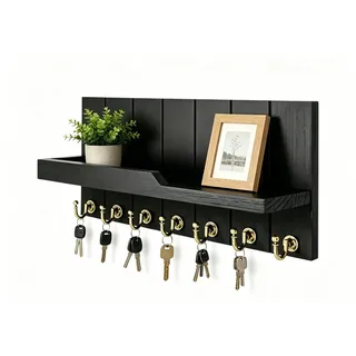 Chingcoo Schlüsselbrett mit Ablage und 7 Haken - Wandgarderobe mit Ablage für Flur - Schlüsselboard modern - Schlüsselhalter Wand Organizer für Eingang Büro Küche (Schwarz)