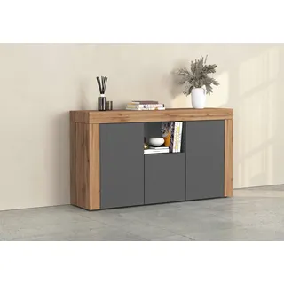 INOSIGN Sideboard INOSIGN "CHRONOS Breite 155 cm mit 3 Türen, 1 offenes und 6 geschlossene Fächer", grau (anthrazit matt, eiche wotan), B:155cm H:85cm T:40cm, FSC-zertifizierter Holzwerkstoff, Sideboards, Sideboard, Sideboard,Kommode, Schrank, Grifflos mit Push 