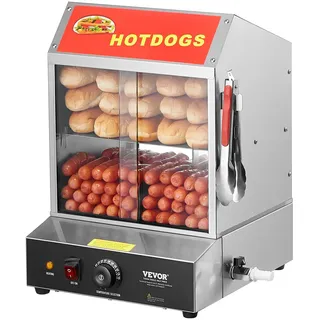Vevor Hot Dog Dampfgarer, 27L, 2-stufiger Hot Dog Hütten-Dampfgarer, 30°C~85°C Temperaturregelung, elektrischer Brötchenwärmer mit Schiebetüren aus gehärtetem Glas, Trennplattenzange, Edelstahl