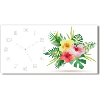 Wanduhr aus Glas – 60x30 cm - Glasbild - Glasuhr - Gehärtetes Glas - weisse-zeiger - Hawaii-Blumen