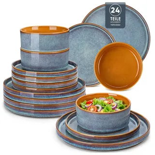 vancasso Steingut Geschirr Set, 24-tlg Geschirrset 8 Personen, Teller Set Blau, Hochwertiges Tafelservice mit Speiseteller, Salatteller und Schüsseln - Galaxie-inspiriertes Design, ONION Serie