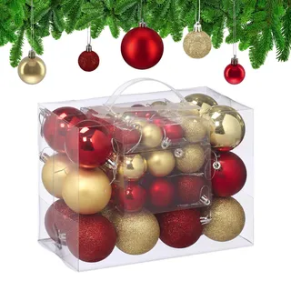 Relaxdays Weihnachtskugeln 50er Set, Weihnachtsdeko, matt, glänzend, glitzernd, Christbaumkugel ∅ 3, 4 & 6 cm, Gold/rot