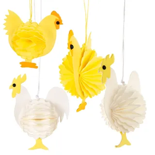 Logbuch-Verlag 4 kleine Ostern Deko Hühner zum Aufhängen gelb weiß Osterdekoration aus Papier Frühling Deko 9,5 x 7,5 cm