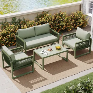 Merax Gartenlounge-Set mit Stahlrahmen, Gartenmöbel Set Rope Seil Geflecht, 4-tlg.Sitzgruppe mit Sofa, Sessel und Couchtisch, Loungeset für 4 Personen - Grün