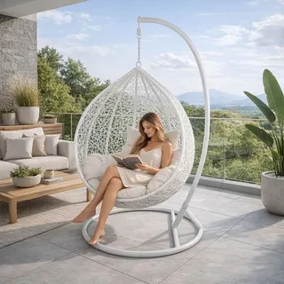 Hängesessel mit Gestell Rattan Korb Hängekorb Polyrattan Gartensessel Weiß - Weiß, Beige