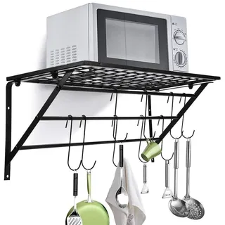 Pannenrek Hangen – Küchenregal mit 10 verstellbaren Haken – Schwarz, Metall – Edelstahl – Kompakte Küchenaufbewahrung – Hochwertige Eisenkonstruktion - Schwarz